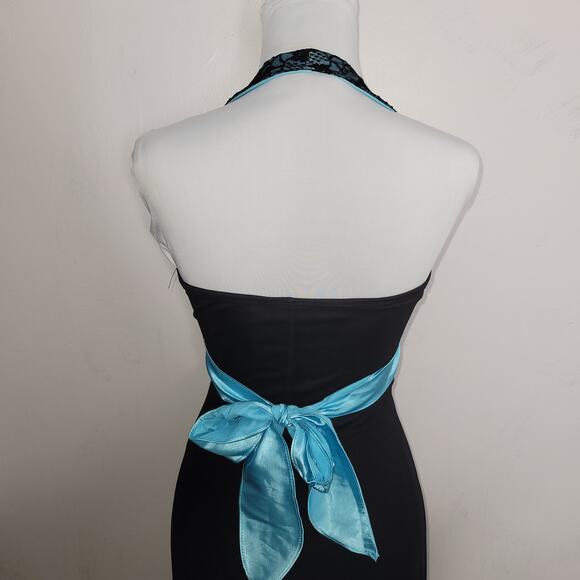 Taboo Babydoll Maxi Halter Dress XS Black Lace Turquoise Sheer Whimsigoth HoCo - Picture 8 of 12